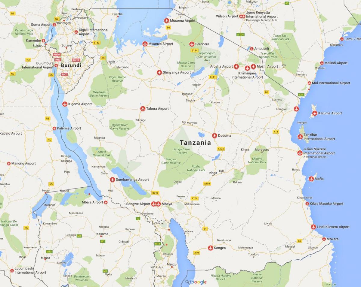 Mapa lotniska Tanzanii 