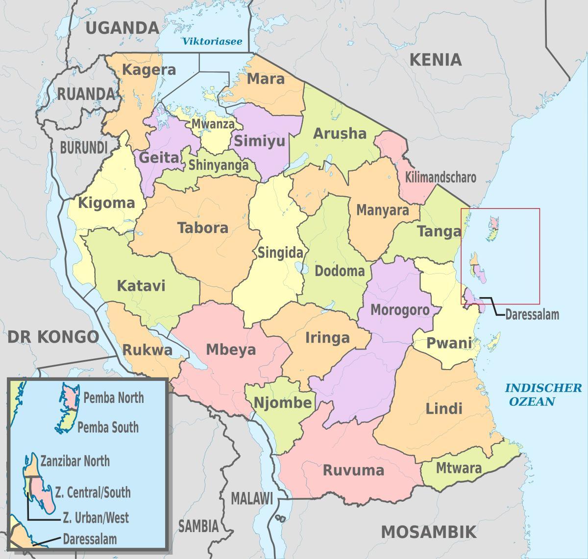 mapa Tanzanii, z podaniem regionów i obszarów