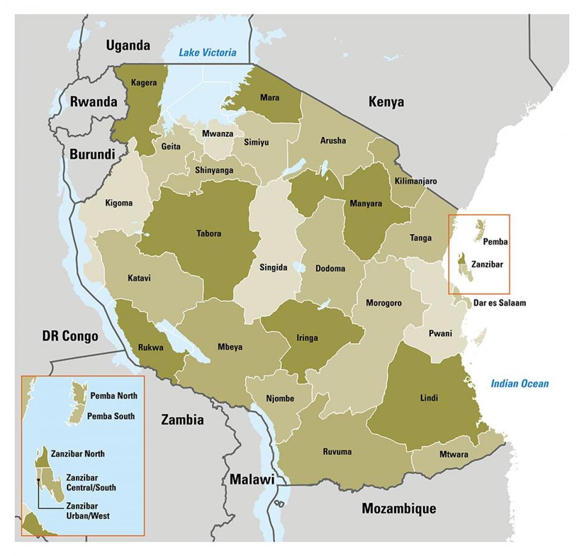mapa Tanzanii pokazuje regionach