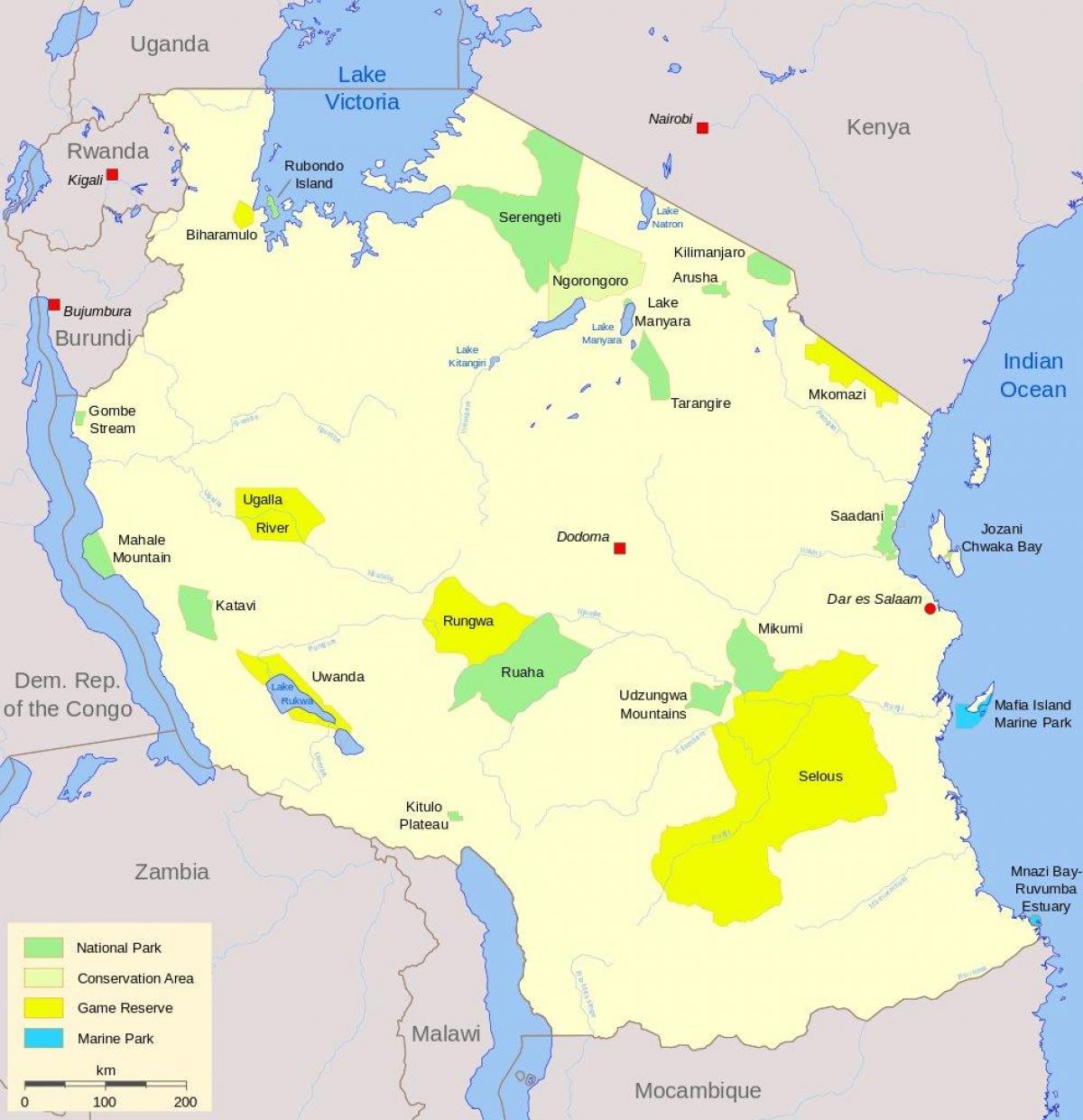 mapa parków narodowych w Tanzanii i rezerwatów przyrody