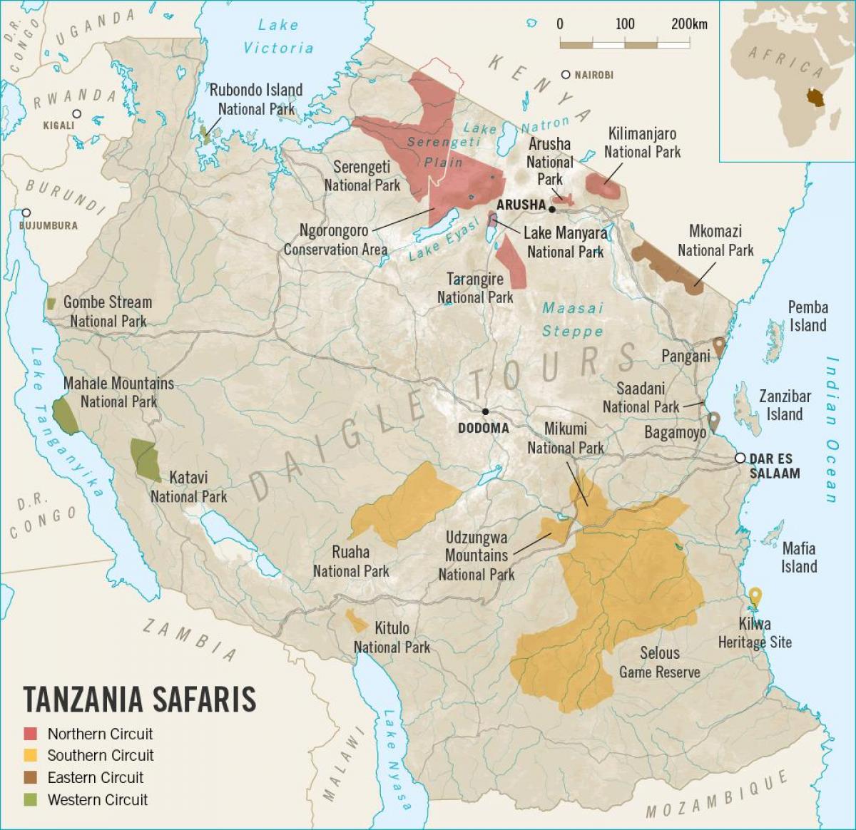 Mapa rezerwatów przyrody w Tanzanii 