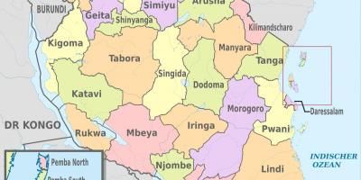Mapa Tanzanii, z podaniem regionów i obszarów