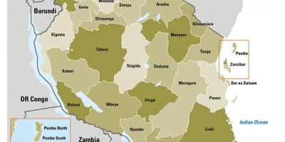 Mapa Tanzanii pokazuje regionach