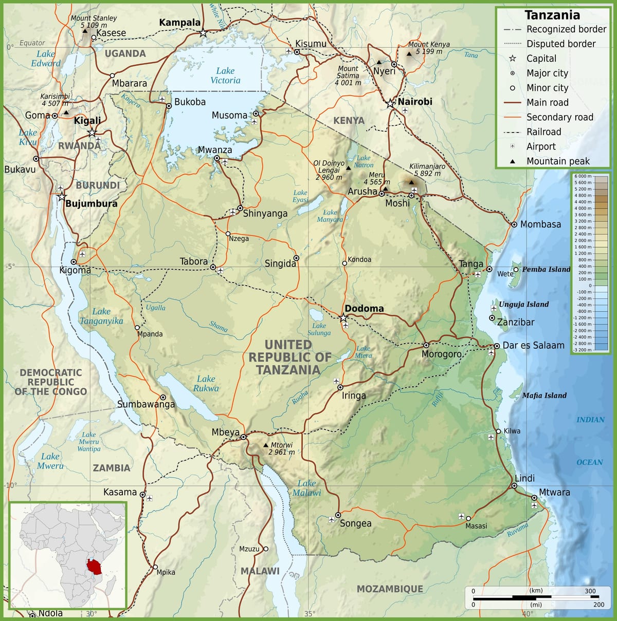 Mapa dróg Tanzanii z odległości