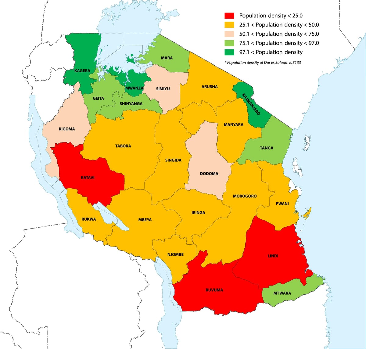 gęstość zaludnienia Tanzanii na mapie