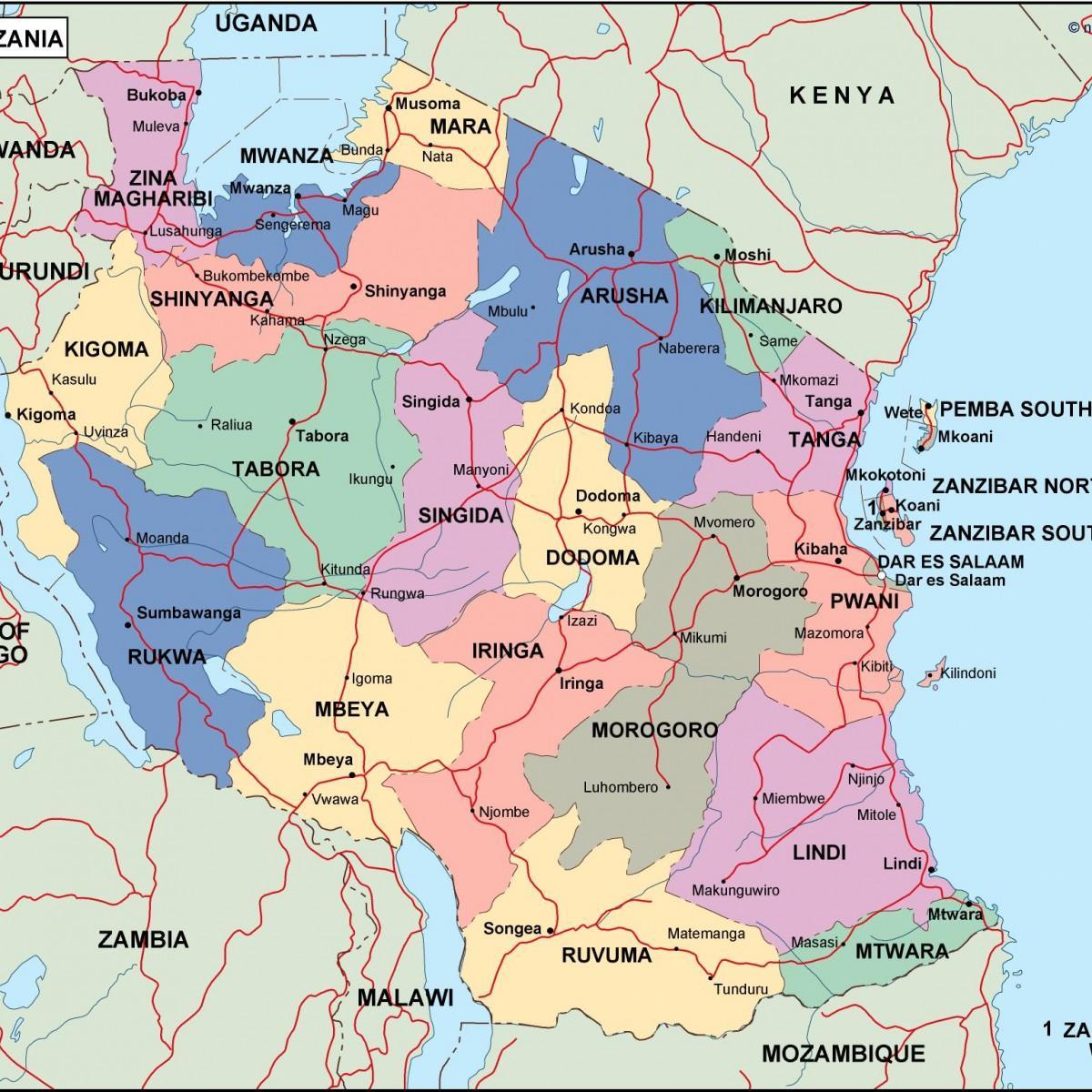 Mapa Tanzanii politycznych