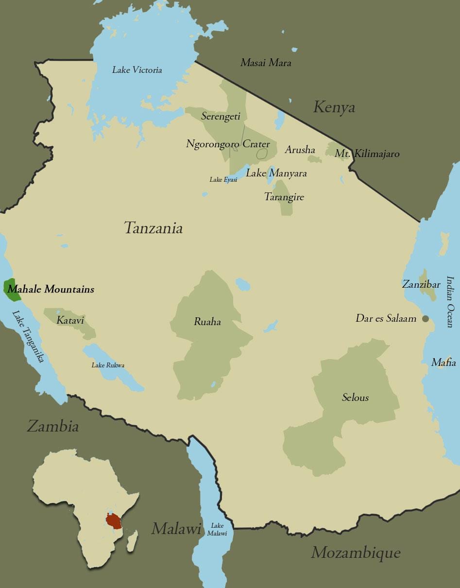 Mapa Tanzanii góry