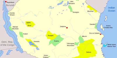 Mapa parków narodowych w Tanzanii i rezerwatów przyrody