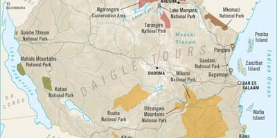 Mapa rezerwatów przyrody w Tanzanii 